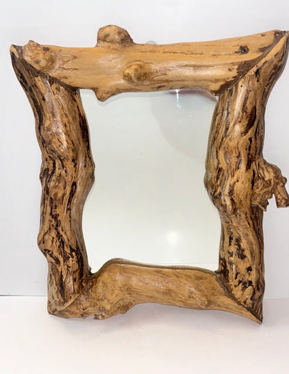 Vintage Artisan Hand-Carved Solid Wood Mirror - 19x16 Signed "Chen" - Rustic Live Edge Studio Craft