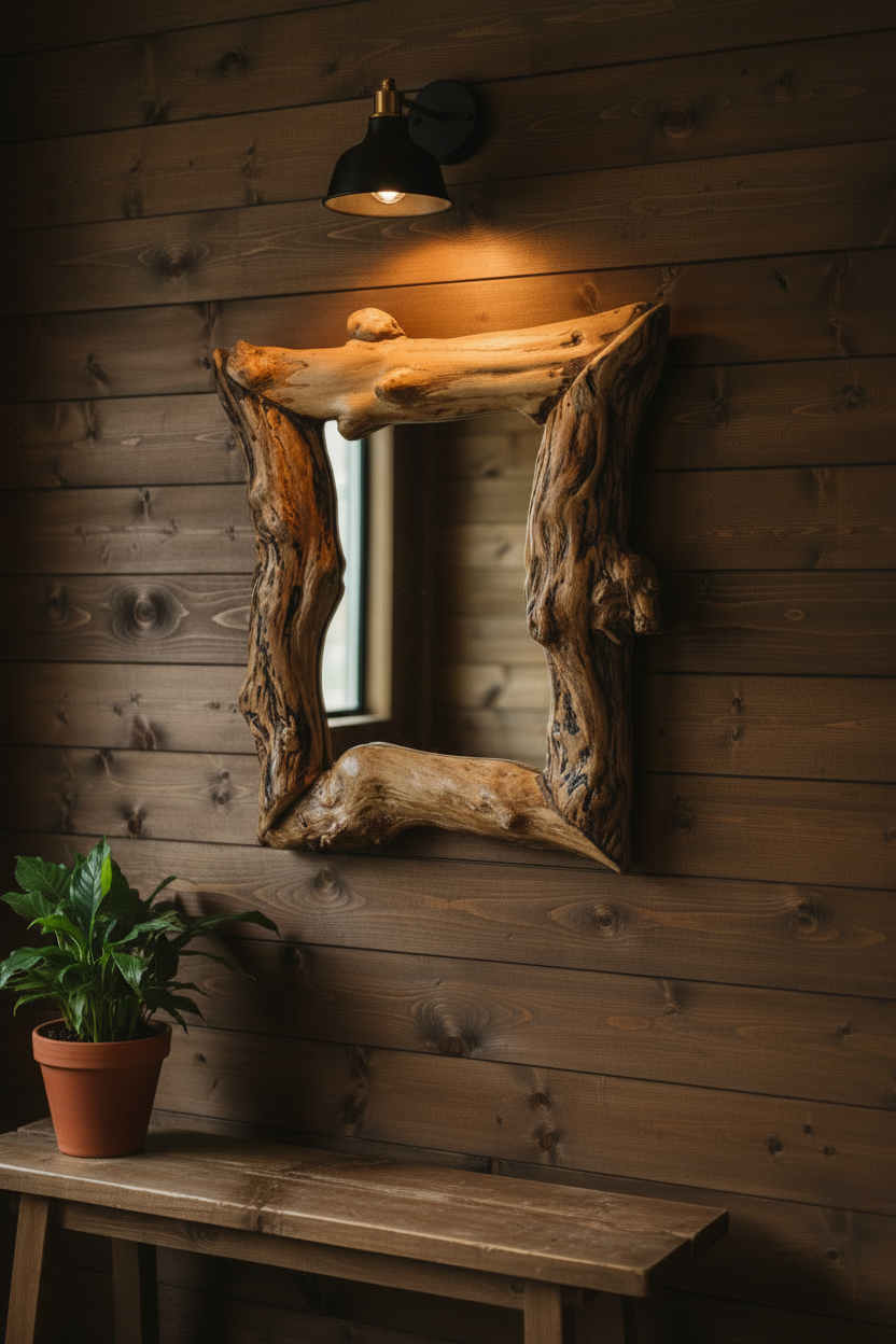 Vintage Artisan Hand-Carved Solid Wood Mirror - 19x16 Signed "Chen" - Rustic Live Edge Studio Craft
