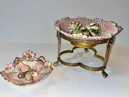 Antique Victorian Brass Stand with Capodimonte Style Bowls & Seashell Collection