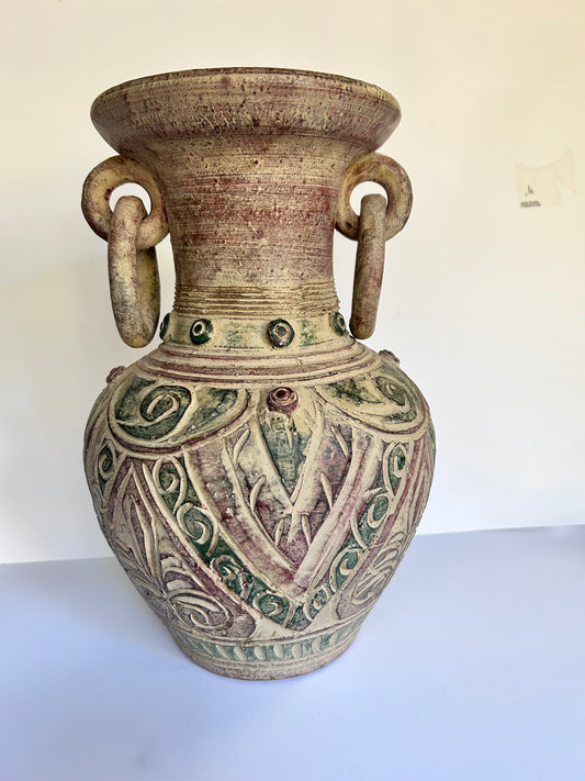 Vintage Medium Ceramic Urn Vase with Heavy  Relief Decoration (12 Inches)