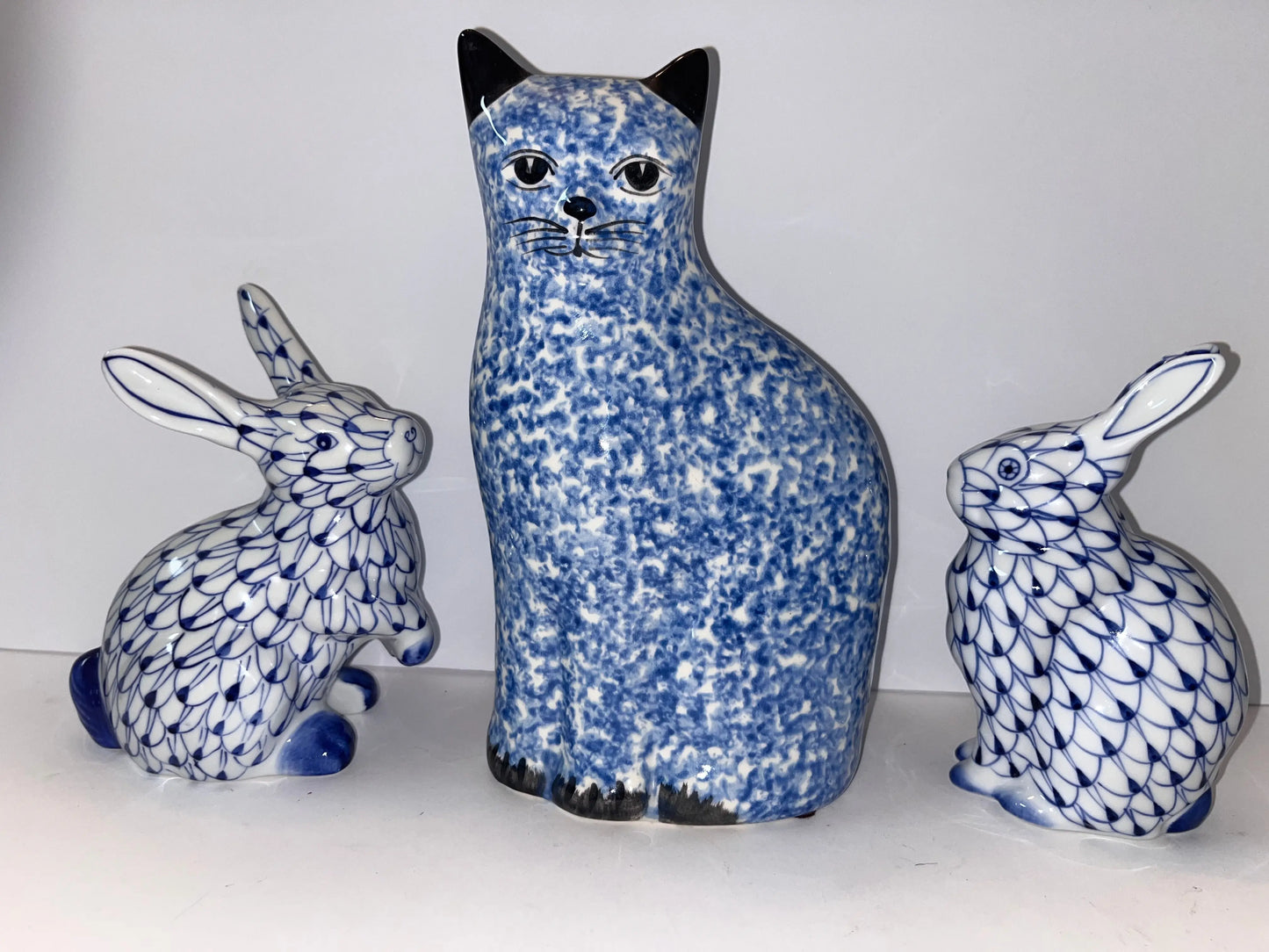 Blue and White Ceramic Cat and Bunny Figurines - Finest Antique