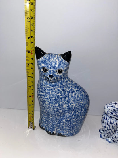 Blue and White Ceramic Cat and Bunny Figurines - Finest Antique