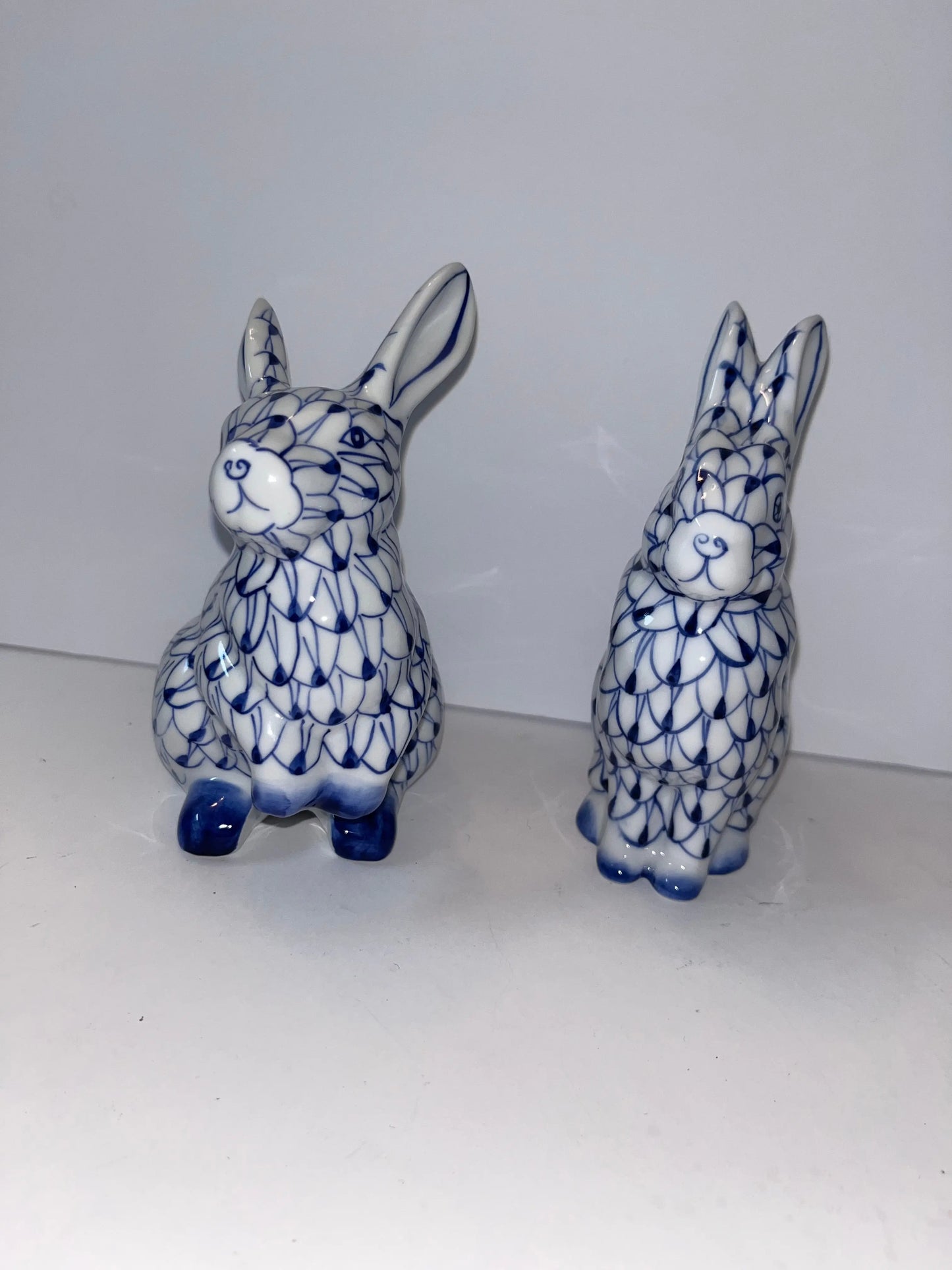 Blue and White Ceramic Cat and Bunny Figurines - Finest Antique