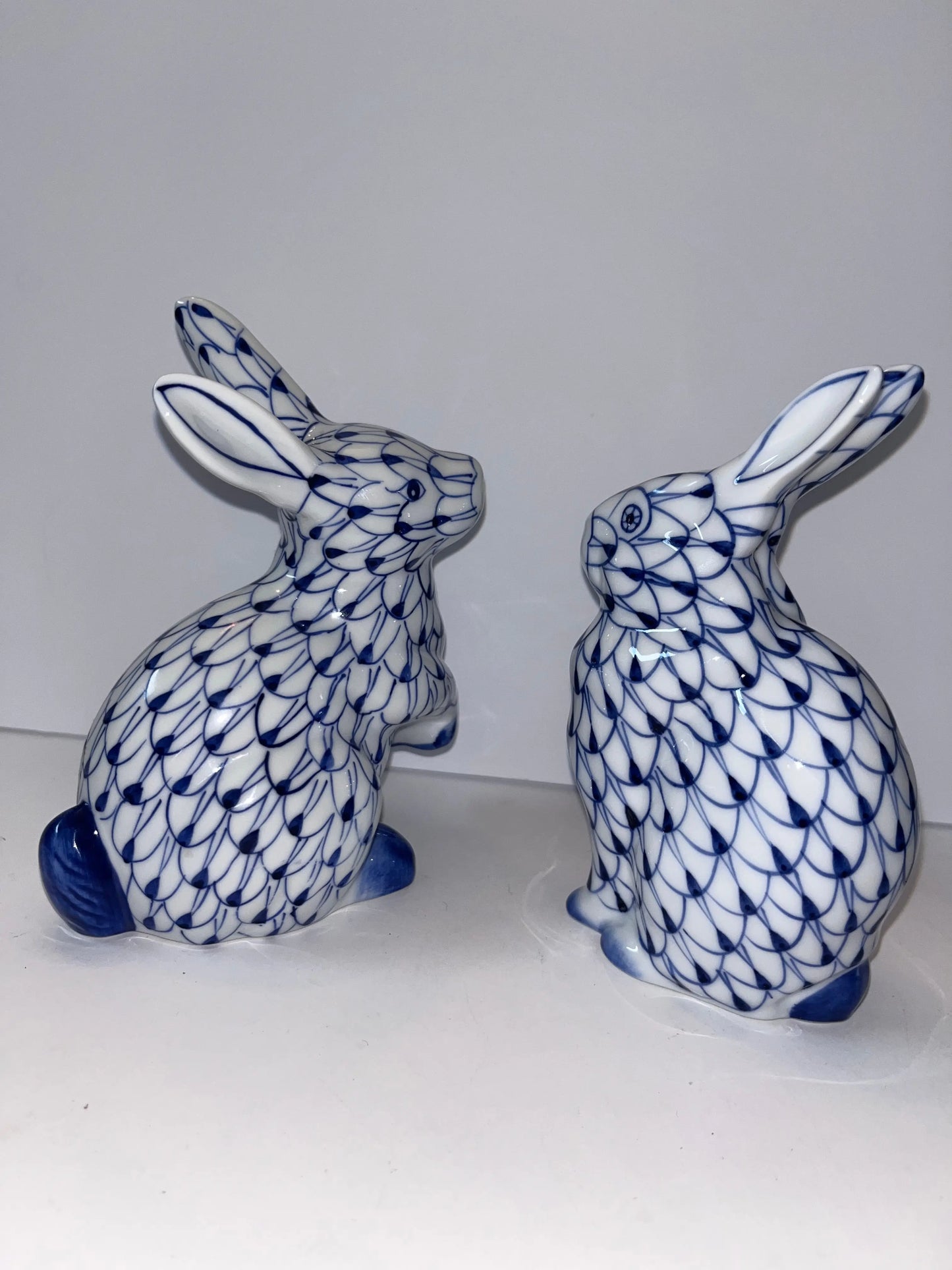 Blue and White Ceramic Cat and Bunny Figurines - Finest Antique