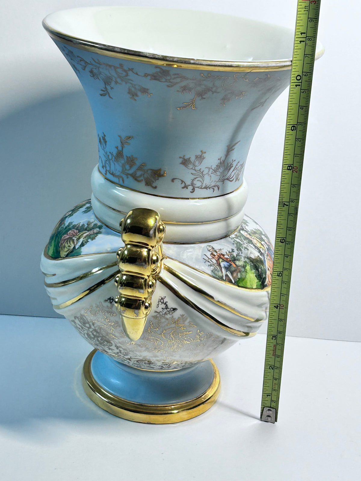 Vintage Abingdon Pottery USA Gold & Powder Blue Urn Vase - Fragonard Courting Couple
(#563)