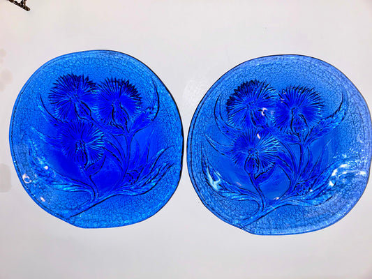 Pair of Hand Crafted Art Glass Cobalt Thistle Motif Plates/- Signed "TD" (8.5”)