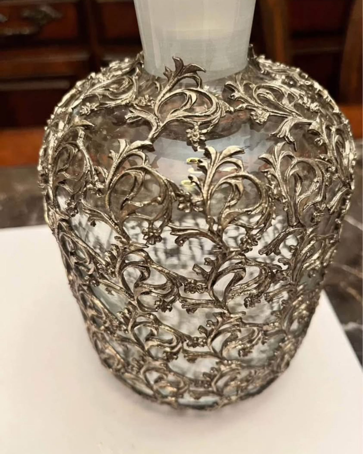 Ornate Silver-Plated Decanter Set with Matching Glasses + Bonus Mid-Century French Basket