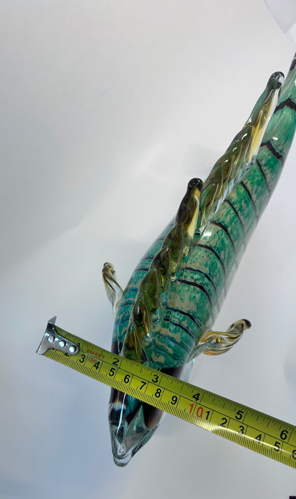 Vintage Hand-Blown Art Glass Fish Sculpture - Green & Amber -Large (13" × 8")