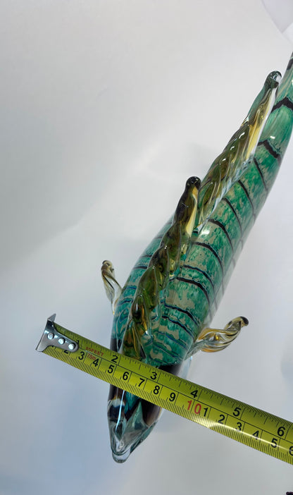 Vintage Hand-Blown Art Glass Fish Sculpture - Green & Amber -Large (13" × 8")