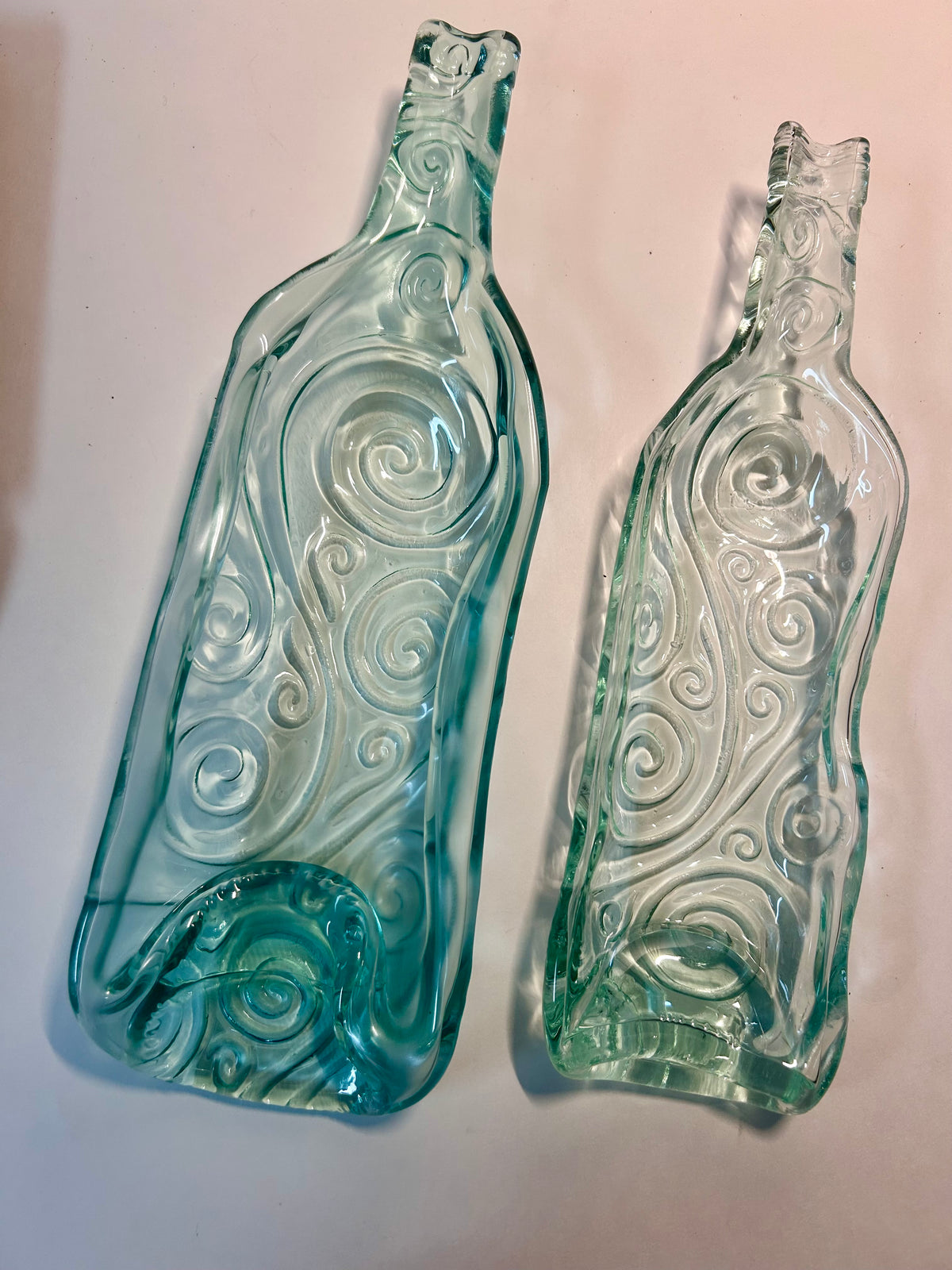 Pair of Melted / Slumped Glass Wine Bottle Serving Dishes with Embossed Swirl Pattern ( L- M Size)