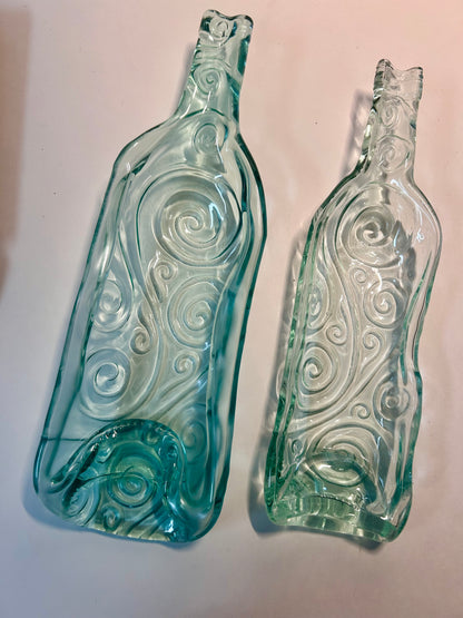 Pair of Melted / Slumped Glass Wine Bottle Serving Dishes with Embossed Swirl Pattern ( L- M Size)