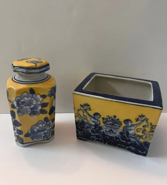 Marked Asian Famille Jaune Lidded Jar & United Wilson Small Planter 