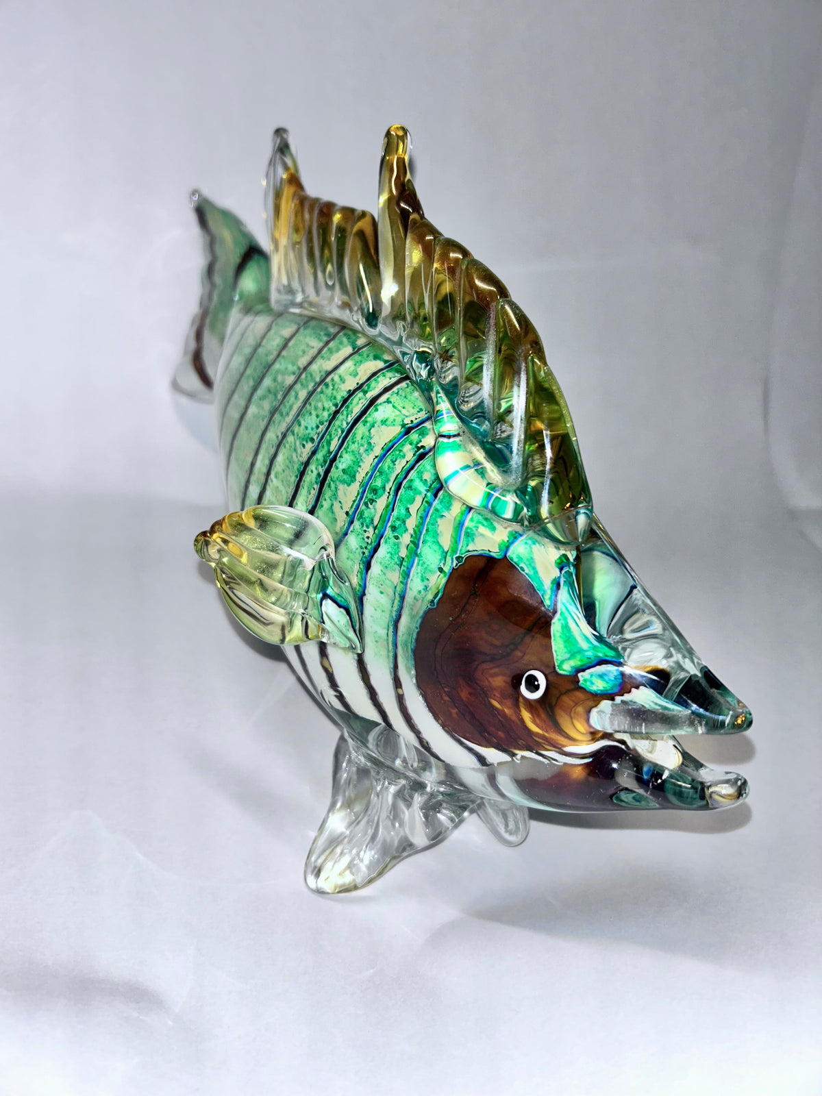 Vintage Hand-Blown Art Glass Fish Sculpture - Green & Amber -Large (13" × 8")