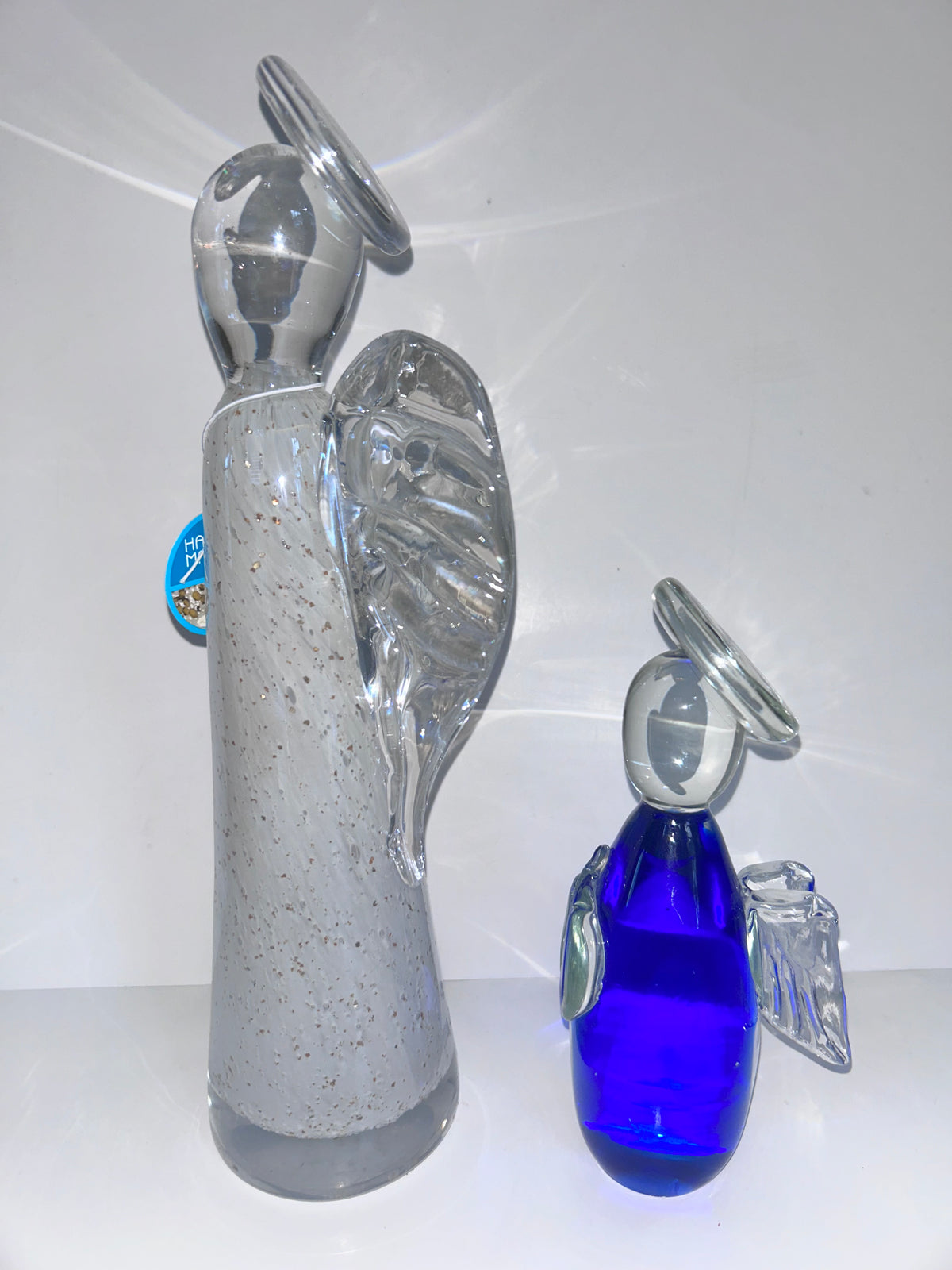 Hand-Blown Art Glass Angel
Figurines - Clear Speckled & Cobalt Blue Set