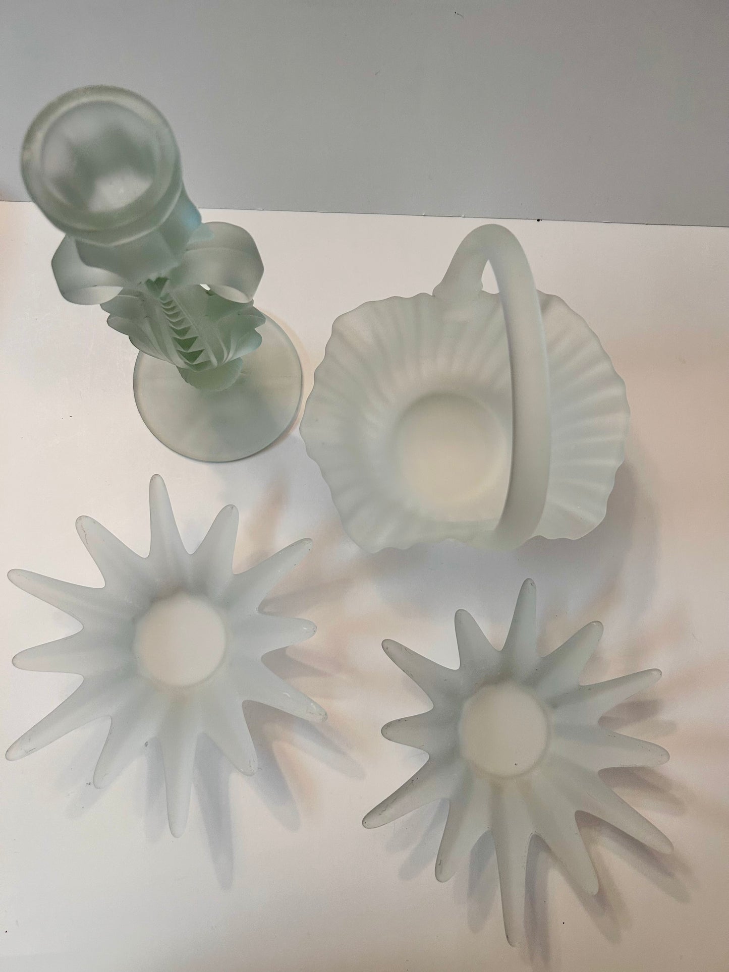 Vintage EAPG SATIN FROSTED Glass LOT |Moon & Star Compote/Candy Dish, Tall Candle Holder, Basket | Milk Glass (Set of 4)