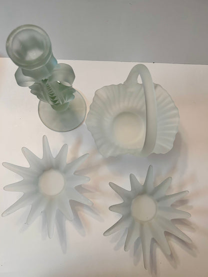 Vintage EAPG SATIN FROSTED Glass LOT |Moon & Star Compote/Candy Dish, Tall Candle Holder, Basket | Milk Glass (Set of 4)