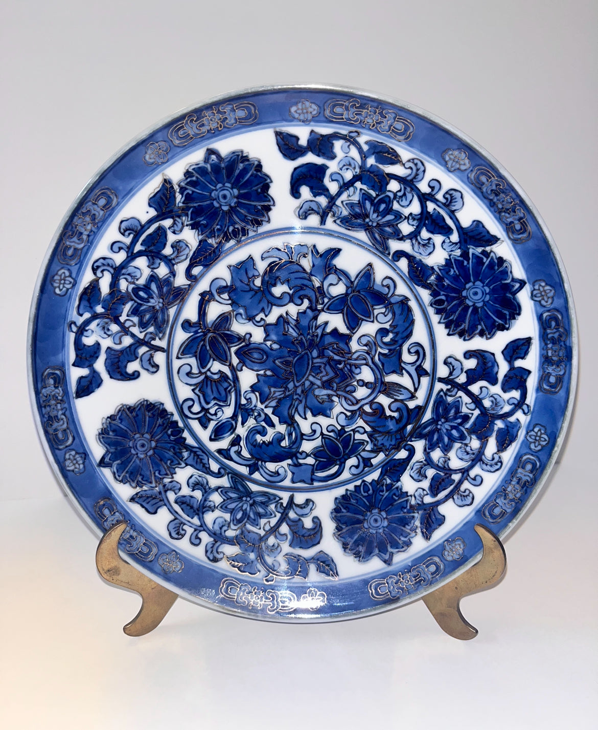 Unique Chinese Blue & White Golden Details Hand Painted Decorative Plate