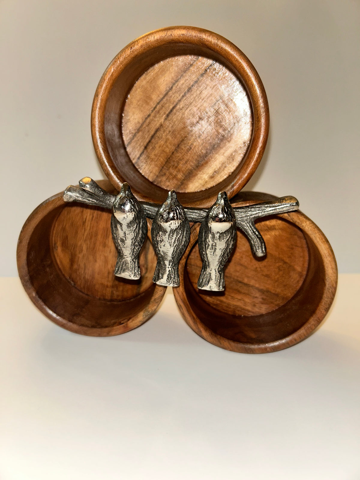 Charming Handcrafted Wooden Condiment Snack Bowls with Pewter Bird Accents