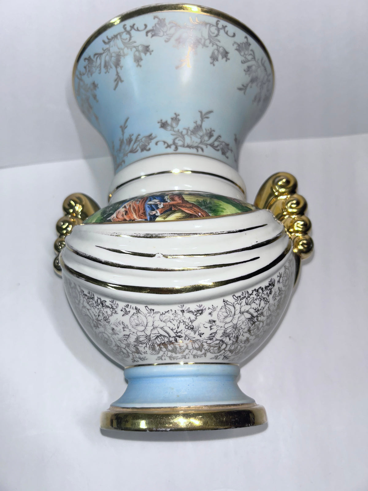 Vintage Abingdon Pottery USA Gold & Powder Blue Urn Vase - Fragonard Courting Couple
(#563)