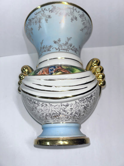 Vintage Abingdon Pottery USA Gold & Powder Blue Urn Vase - Fragonard Courting Couple
(#563)