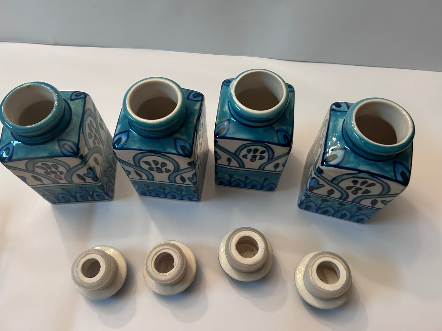 Artisan Hand-Painted Blue & White Indian Ceramic Spice Jar Set (4 Jars) w/ Metal Caddy