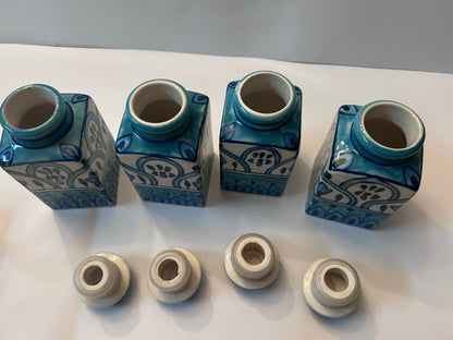Artisan Hand-Painted Blue & White Indian Ceramic Spice Jar Set (4 Jars) w/ Metal Caddy