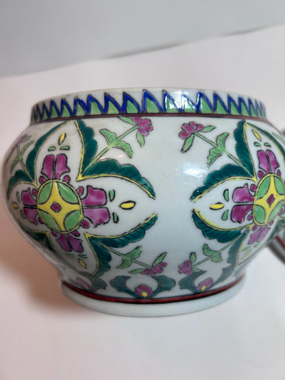 Antique Chinese Famille Rose (8”)Porcelain Covered Bowl with Foo Dog Finial