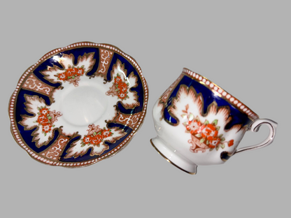 Exquisite Royal Albert "Royalty" Bone China Teacup and Saucer - Cobalt Blue & Orange Floral