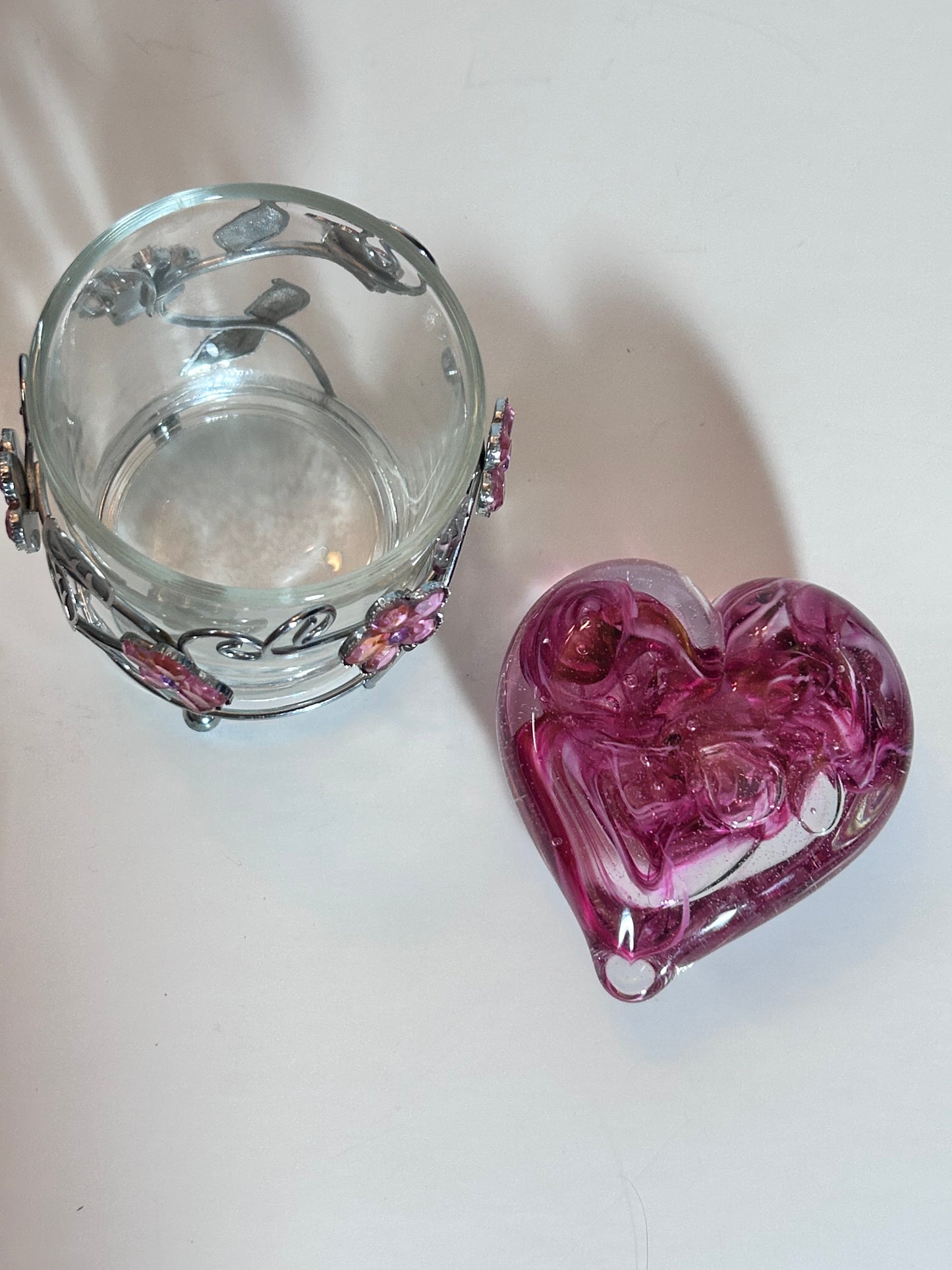 Vintage Signed Pink Swirl Glass HeartPaperweight & Floral Gem Votive