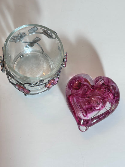 Vintage Signed Pink Swirl Glass HeartPaperweight & Floral Gem Votive