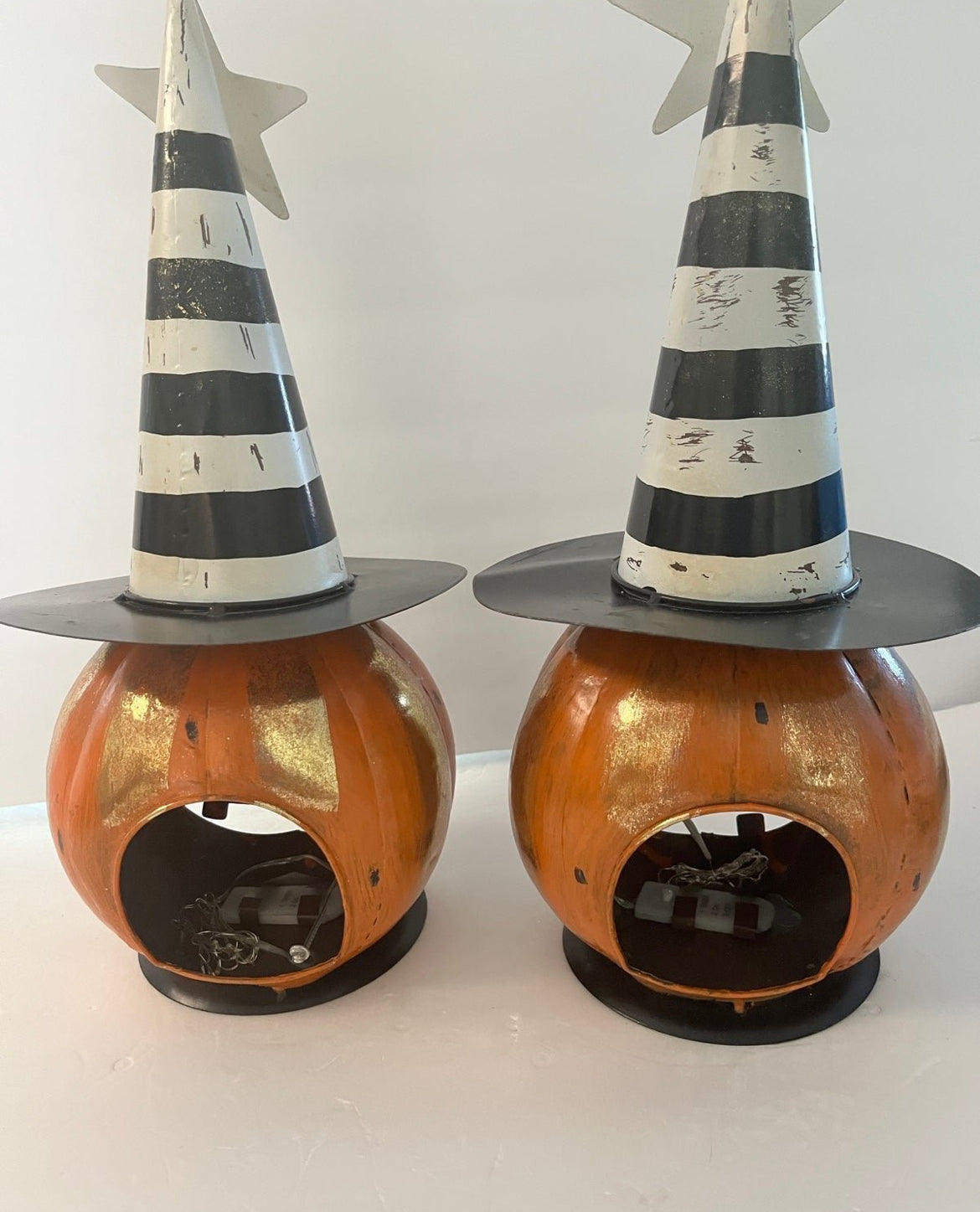 Pair of Metal Jack O Lantern Figurines With Black & White Hat & Led Lights