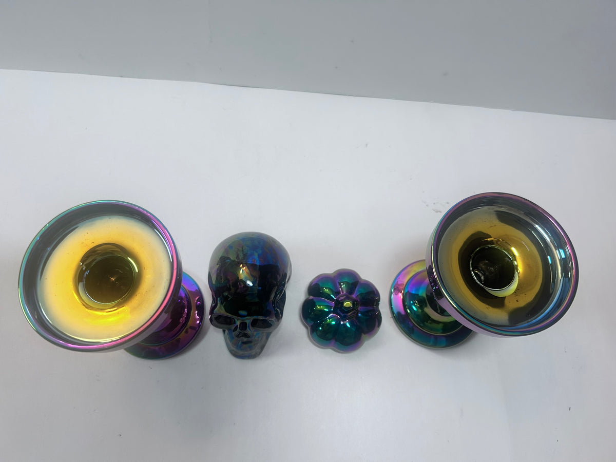 Title: 4-Piece Iridescent Halloween Decor Set:
Ceramic Skull & Pumpkin with Glass Pillar Candle Holders