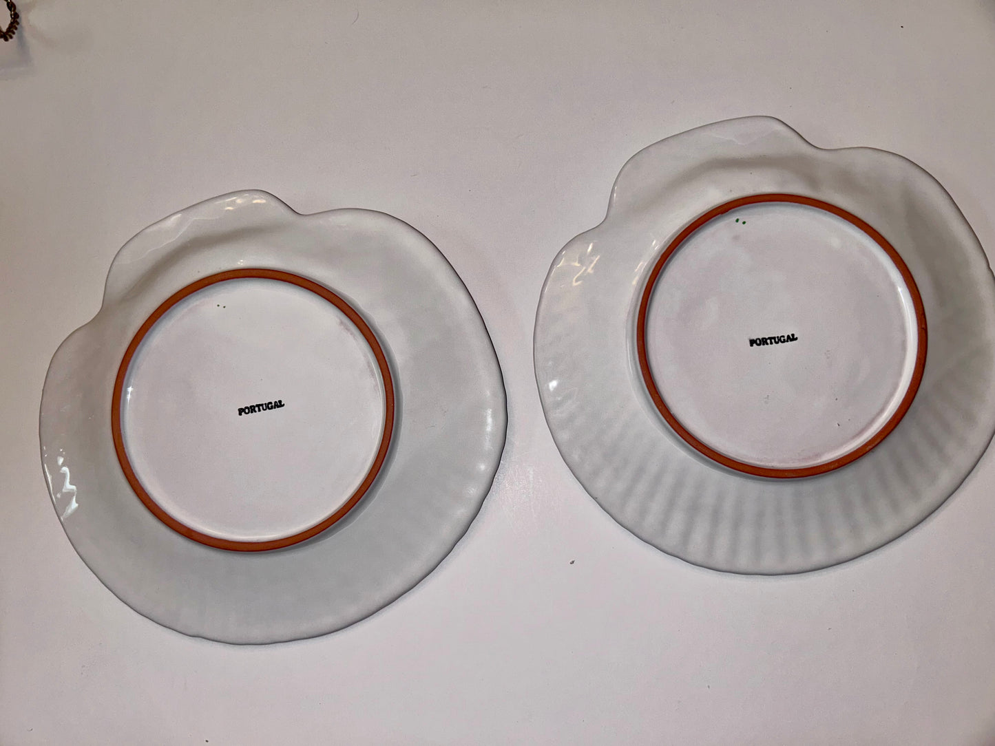 Pair Vtg Portuguese MAJOLICA Scallop Shell Plates, 3D Pink Shrimp Relief