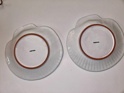 Pair Vtg Portuguese MAJOLICA Scallop Shell Plates, 3D Pink Shrimp Relief