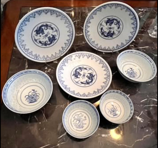 Vintage Blue & White Chinese Marked (7 Pieces Set)