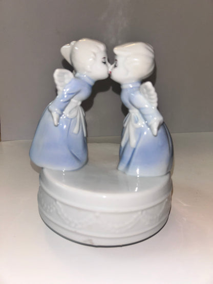 Mid-Century Kitschy Shabby Korean Kissing Angels Music Box Figurine