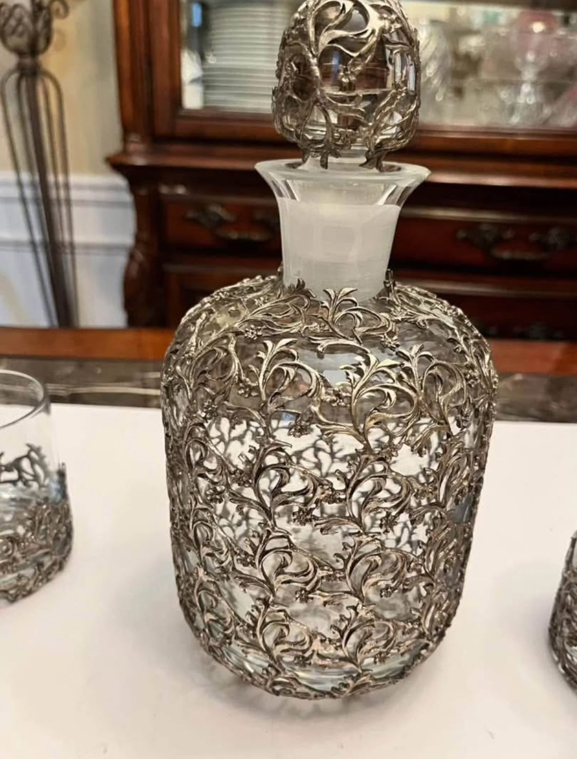 Ornate Silver-Plated Decanter Set with Matching Glasses + Bonus Mid-Century French Basket