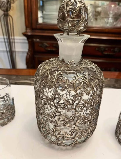 Ornate Silver-Plated Decanter Set with Matching Glasses + Bonus Mid-Century French Basket