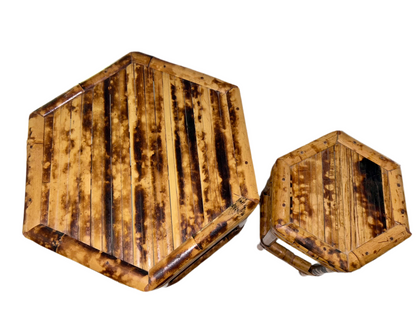 Vintage Burnt Bamboo Hexagonal Plant Stands Nesting Table Raisers (Set of 2)