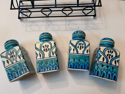Artisan Hand-Painted Blue & White Indian Ceramic Spice Jar Set (4 Jars) w/ Metal Caddy