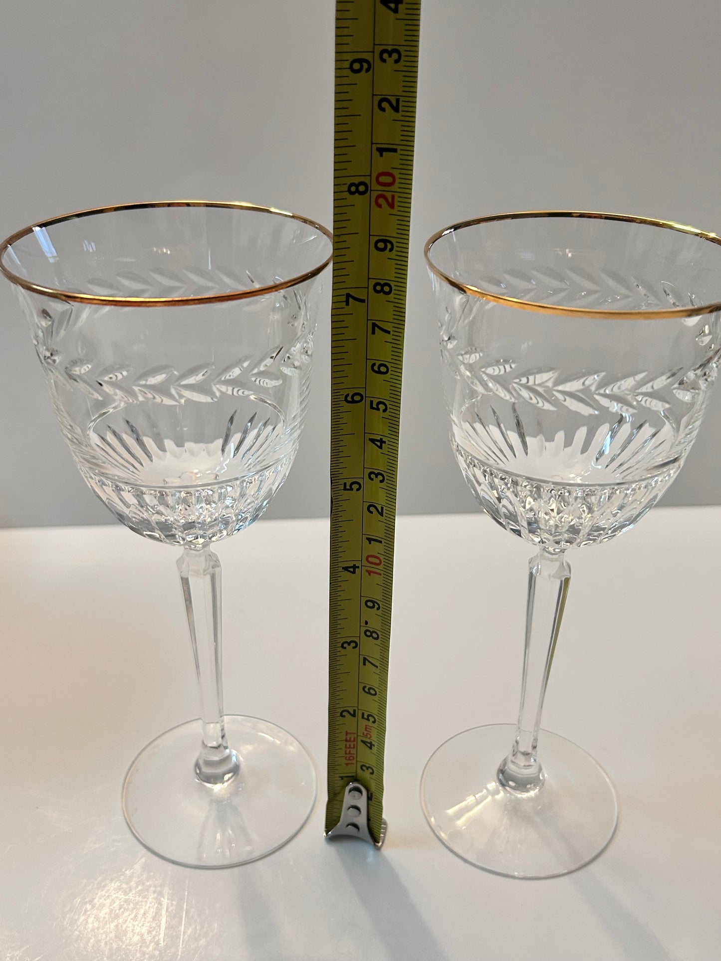 Set of 2 Vintage Lenox Monroe Gold Crystal Wine Glasses - Wheat Etch & Gold Rim - 7-1/4"
H - Made in USA