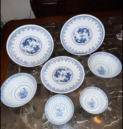 Vintage Blue & White Chinese Marked (7 Pieces Set)