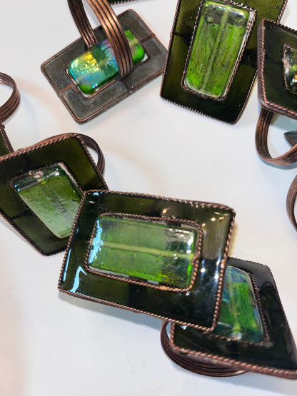 Vintage Pier One Artisan Green Dichroic Glass Napkin Rings (Set of 9)