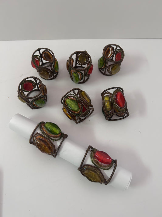 Vintage Pier 1 Imports Jeweled Glass Beetle Napkin Rings - Set of 8 - Whimsical/Boho