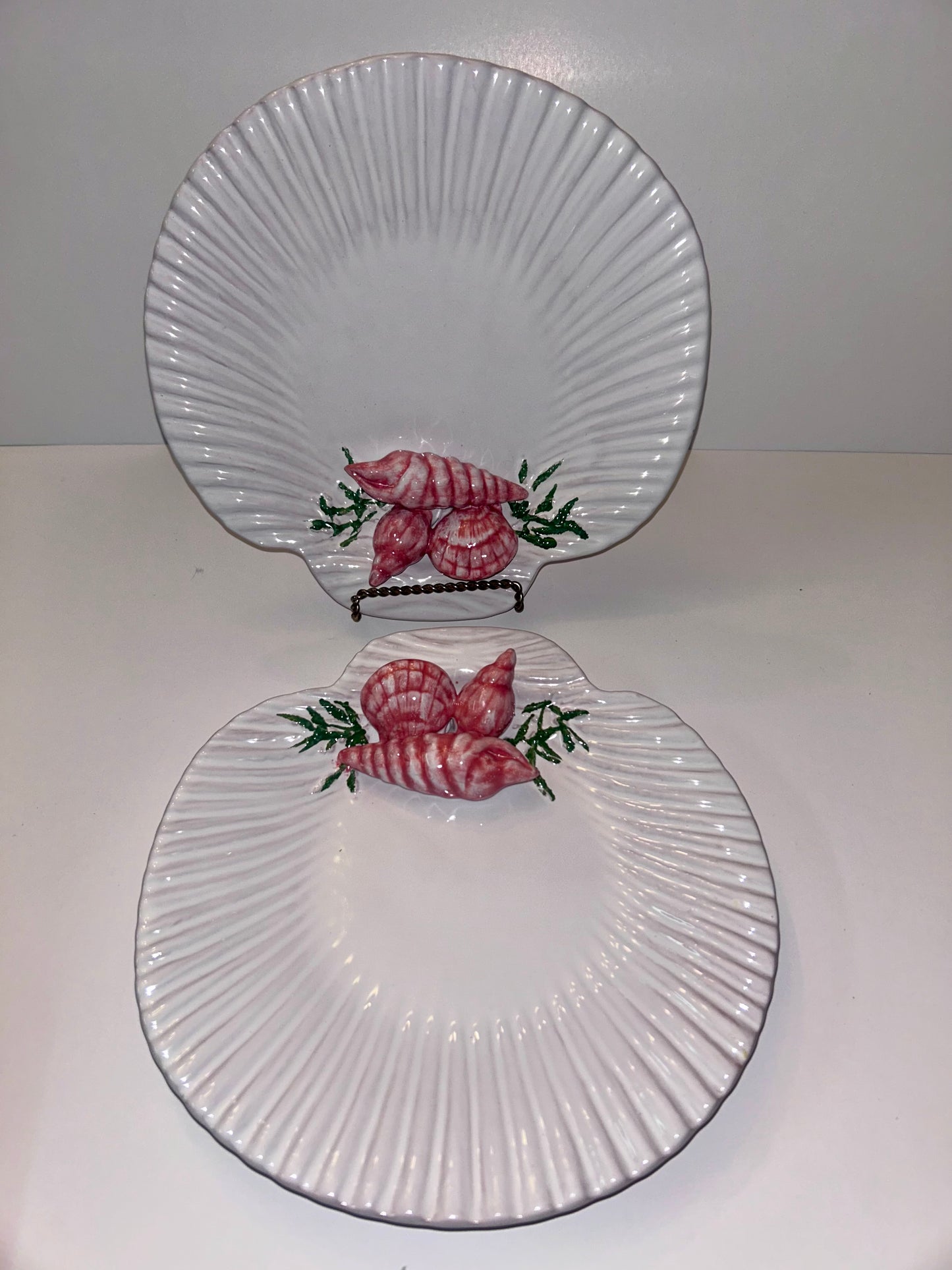 Pair Vtg Portuguese MAJOLICA Scallop Shell Plates, 3D Pink Shrimp Relief
