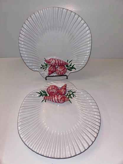Pair Vtg Portuguese MAJOLICA Scallop Shell Plates, 3D Pink Shrimp Relief