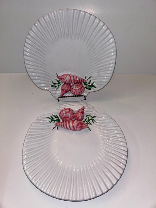 Pair Vtg Portuguese MAJOLICA Scallop Shell Plates, 3D Pink Shrimp Relief