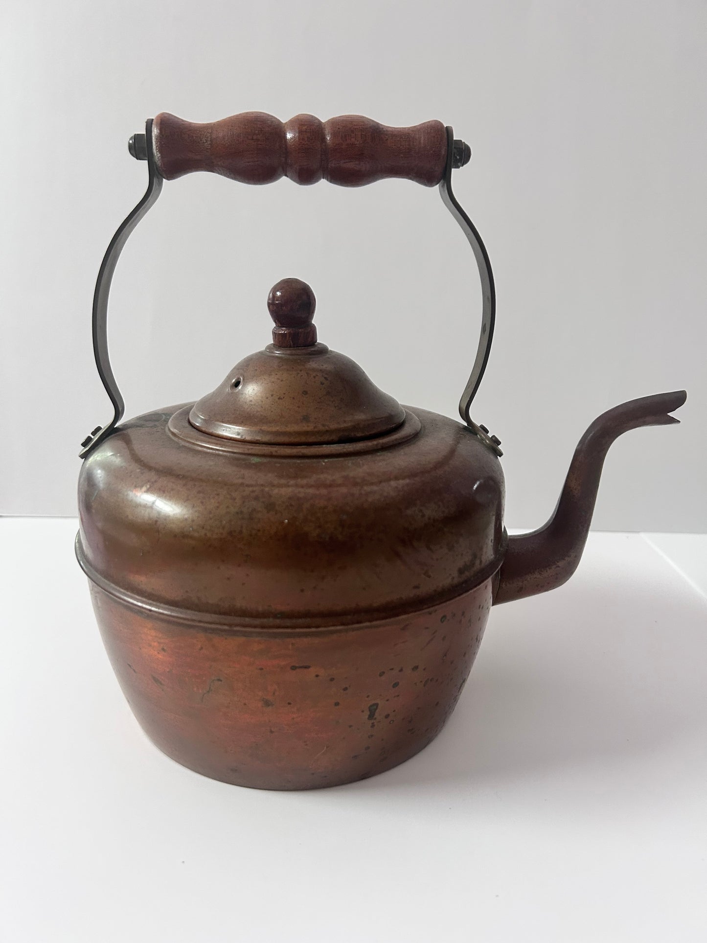 Antique English Copper Tea Kettle - c. 1920s - Gooseneck Wood Handle & Patina - Large