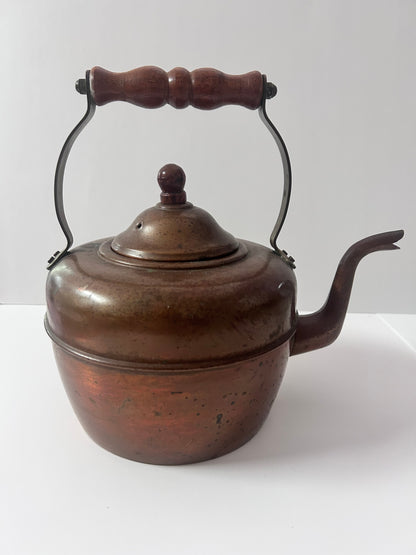 Antique English Copper Tea Kettle - c. 1920s - Gooseneck Wood Handle & Patina - Large