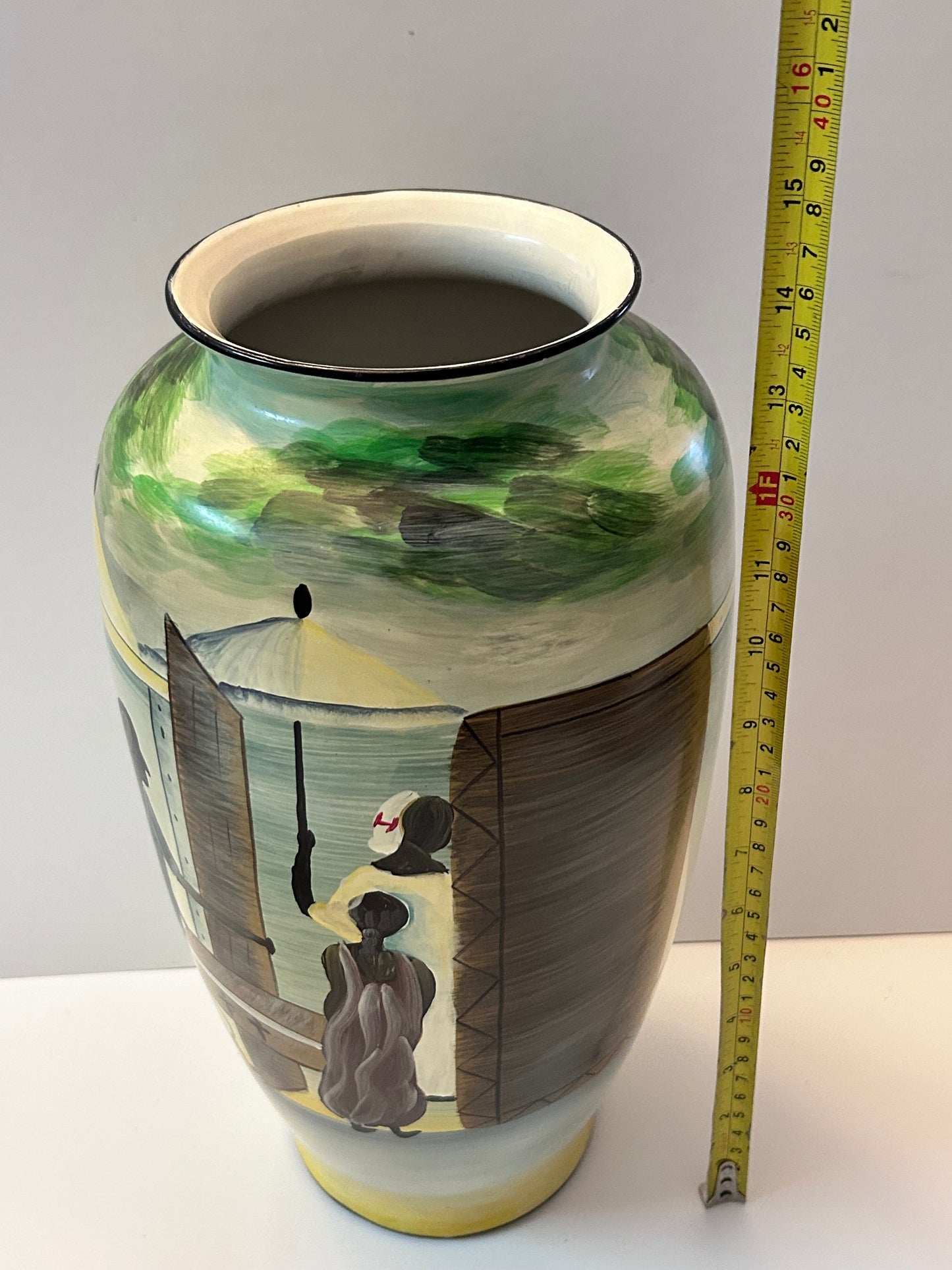 Barrington Collection 14" Hand-Painted Ceramic Vase - African Village Narrative Scene 14
